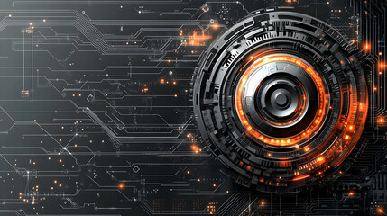 Futuristic abstract design featuring circuits and a glowing central element.