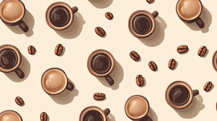 A seamless pattern of coffee beans and mugs on a light beige background, perfect for coffee-themed designs.