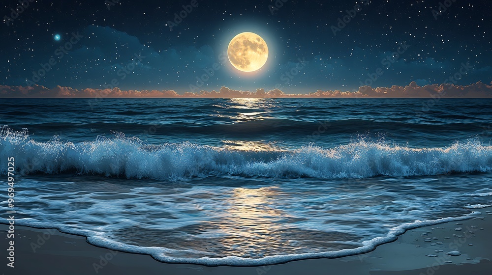 Wall mural vector design of a serene moonlit ocean scene with gentle waves lapping against the shore and a glow