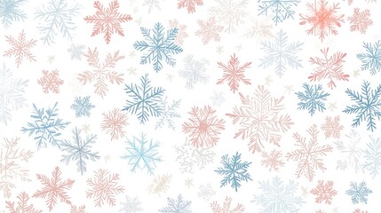A seamless pattern of delicate snowflakes in soft pastel colors on a white background, perfect for winter designs.