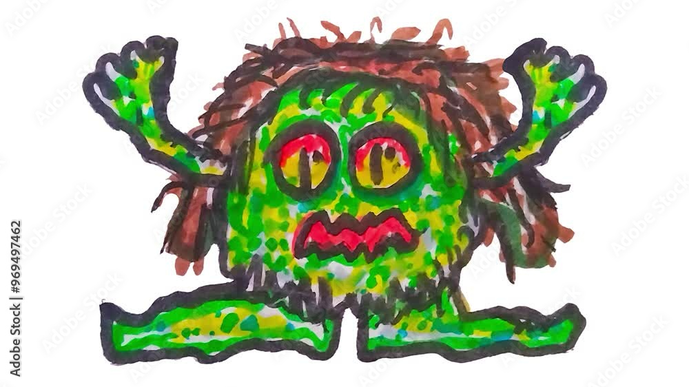 Poster Little monster with hands up hand drawn loop animation