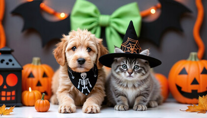 Autumn Festivities: Cat in a Witch Hat and dog with a skull bandana, together in a studio with Halloween themed decorations.