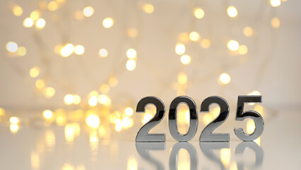 2025 New Year Celebration. Silver 2025 Number with bokeh lights in the background. New Year's Eve...