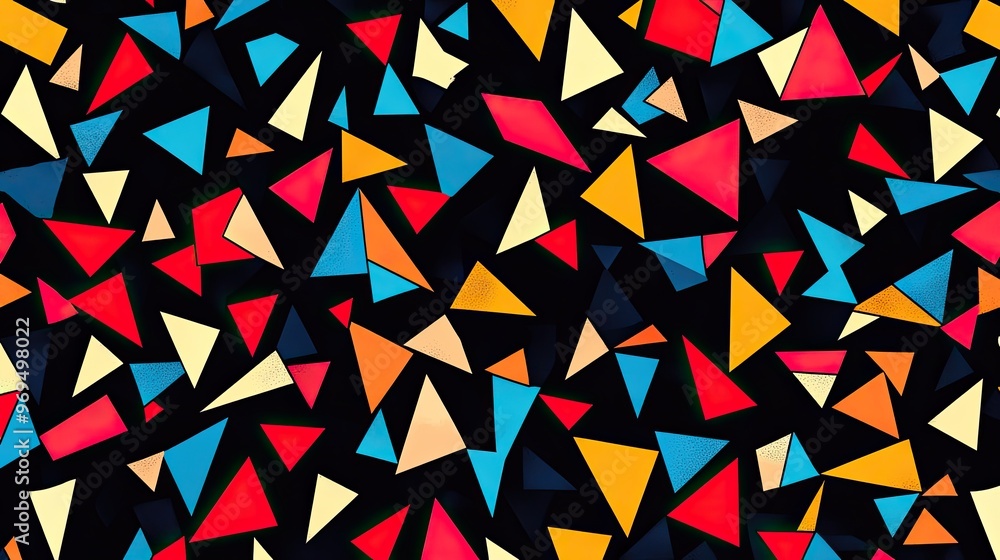 Poster a seamless pattern of small, abstract triangles in bright colors on a black background, creating a m