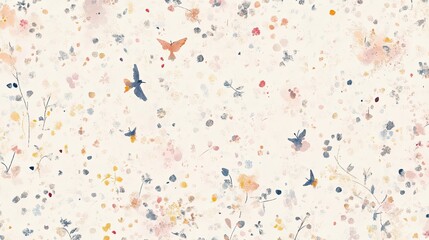 A seamless pattern of tiny birds and flowers in pastel tones, offering a delicate, nature-inspired design.