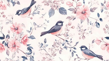 A seamless pattern of tiny birds and flowers in pastel tones, offering a delicate, nature-inspired design.