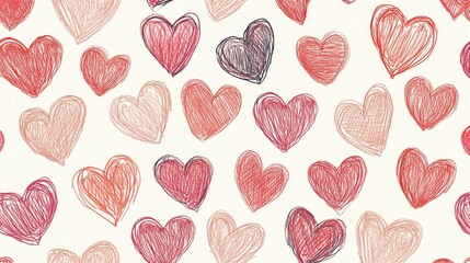 A seamless repeating pattern of hand-drawn hearts in shades of red and pink, set against a light background.