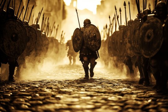 Sepia-toned image of a Roman legion marching through ancient streets, shields raised, spears forward, with dust rising from the stone road creating a historic atmosphere