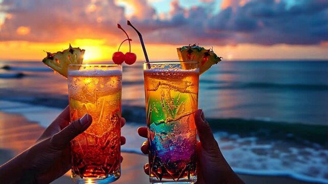 Sunset Cocktails on the Beach: Two colorful cocktails with cherries and pineapple garnishes, held in hand against the backdrop of a breathtaking sunset over the ocean. The image evokes a sense of rela