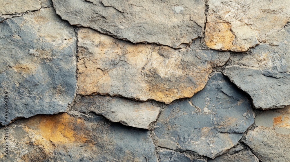 Poster a close-up view of a weathered stone wall with irregular shapes and textures.