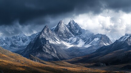 Obraz premium A dramatic mountain range with jagged peaks and rocky ridges, partially covered in snow with a stormy sky overhead.