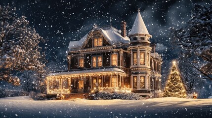 Fototapeta premium A snow-covered, grand Victorian house, with elegant Christmas lights and decorations, and a blank area in the sky for adding text.