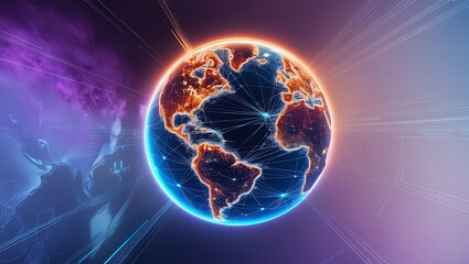 Communication technology with global internet network connected. IoT, finance, business, blockchain, security.