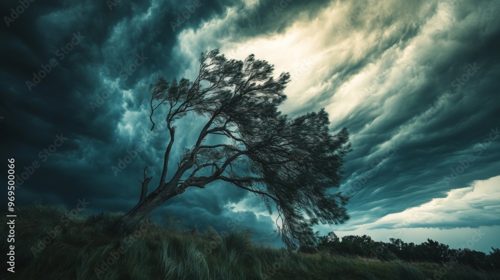 Poster close-up of a powerful summer storm with dark, swirling clouds and strong gusts of wind affecting tr