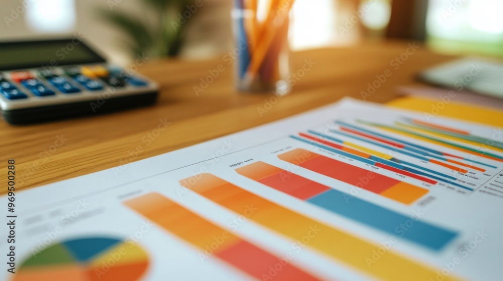 Poster close-up of a printed financial graph with colorful bar charts and line indicators, displayed on a d