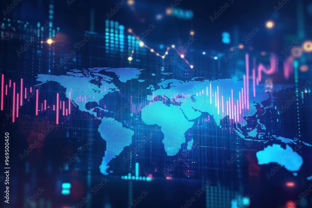 Poster digital stock market graph and world map background with a blue color theme generative ai