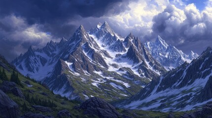 A dramatic mountain range with jagged peaks and rocky ridges, partially covered in snow with a stormy sky overhead.