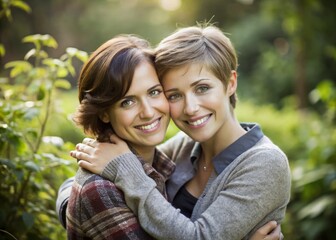 Obraz premium Two smiling women in their early twenties, with short hair and casual attire, embracing warmly in a cozy