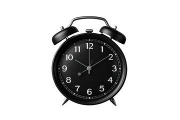 Black alarm clock with fast turning hands. on a white background show haste