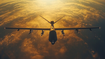 A drone flies through the clouds, silhouetted against a sunset.