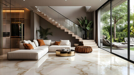 Modern living room with elegant decor and large windows overlooking a garden.