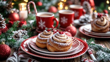 A table set for Christmas breakfast, with festive plates, cinnamon rolls, hot cocoa, and Christmas decorations in the background.