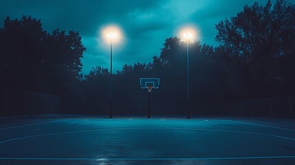 Twilight Abandonment: Moody Shot of Empty Basketball Court with Long Shadows and Blue Hues