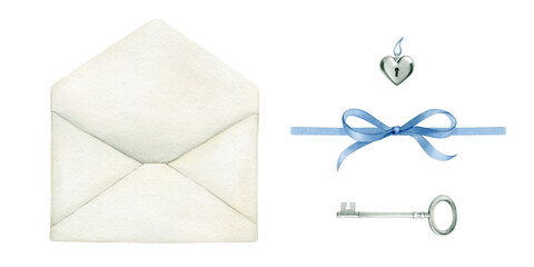 White envelope, tag, bow, silver key and heart watercolor illustration.