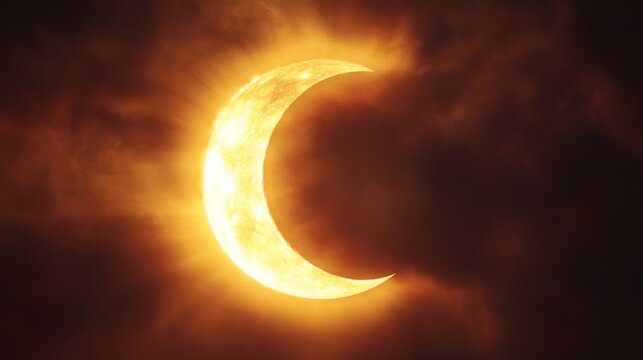 Close-up of a solar eclipse with the moon partially covering the sun, creating a crescent shape and casting a subtle glow around the edges