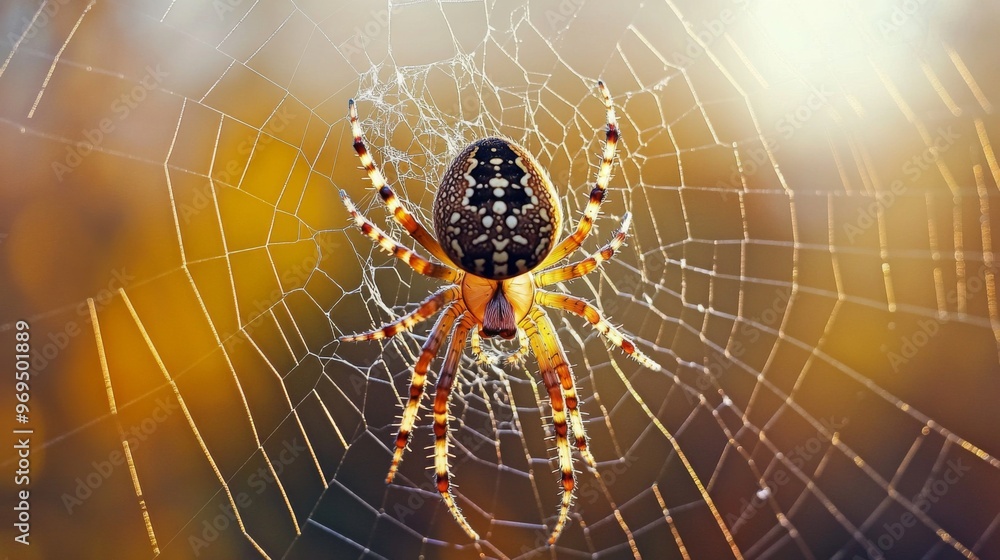 Leinwandbilder Close-up of a spider weaving its web, capturing the fine details of the web structure and the spider legs and body as it works.