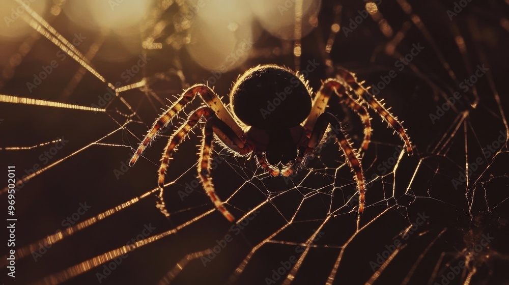 Poster Close-up of a spider weaving its web, capturing the fine details of the web structure and the spider legs and body as it works.