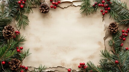 A vintage Christmas frame made of old, weathered paper with torn edges, adorned with pine branches and red berries, leaving a blank center for holiday greetings.