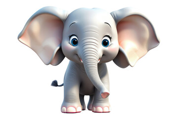 Fototapeta premium 3D cute elephant cartoon, isolated against a pristine white backdrop, exuding cuteness, smiles gently, lifelike textures, soft shadows beneath its feet, stylized with rounded features