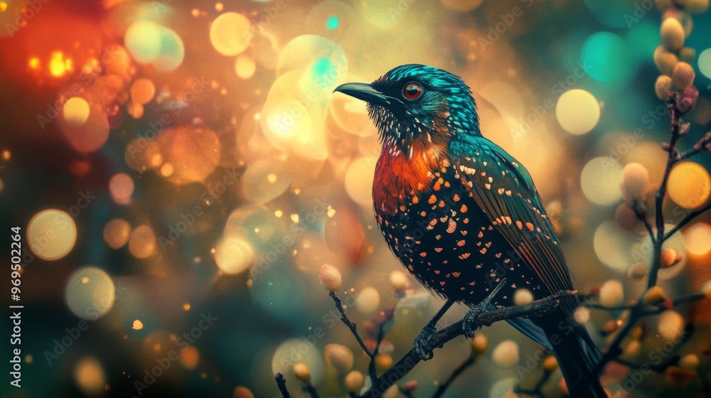 Poster Close-up of a striking bird with elaborate feather details, perched on a branch, with a background of abstract lights creating a captivating and artistic ambiance.