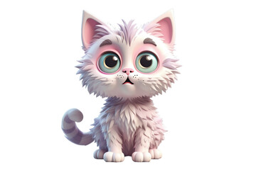 Cartoon cat, full body, 3D, cute, isolated on white background, fluffy texture, oversized eyes, quirky expression, pastel color palette