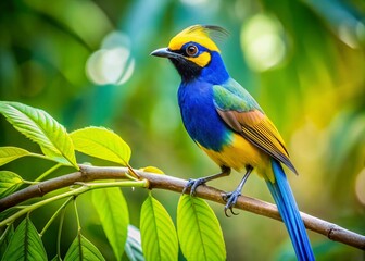 Obraz premium Vibrant blue and yellow bird with elaborate crest resembling an umbrella, perched on a lush green branch, surrounded