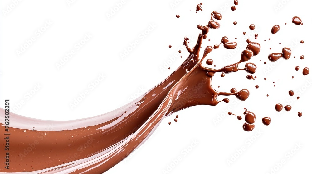 Poster rich cocoa cascade, a dynamic splash of brown liquid chocolate creating an enticing visual, set agai