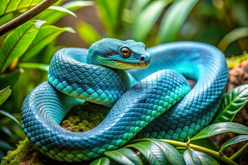Obraz premium Vibrant blue serpent coils surrounded by lush green foliage, its scaly skin glistening in the light, exuding mystery