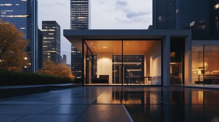A striking modern luxury home with glass walls and geometric design, set against an urban skyline during dusk, showcasing sleek architecture.
