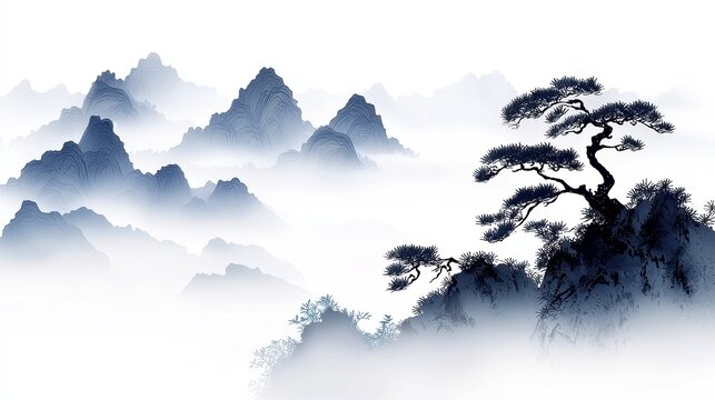 Serene Chinese Landscape Ink Painting, tranquil mountains and flowing rivers, delicate brushstrokes, harmonious composition, evoking peace and contemplation in nature's beauty