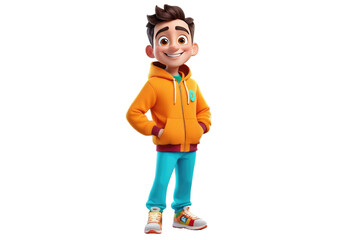 Cartoon male character, full-body, engaging smile, oversized eyes, exaggerated features, bright friendly colors, isolated on white background, 3D, ultra fine details