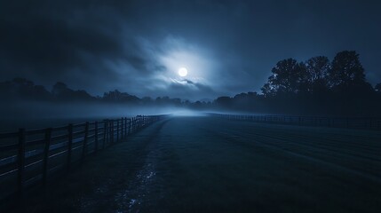 Moonlit Abandoned Horse Racing Track at Night with Light Fog Creating Navy Blue Color Scheme