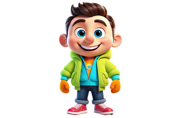Cartoon male character, full-body, engaging smile, oversized eyes, exaggerated features, bright friendly colors, isolated on white background, 3D, ultra fine details