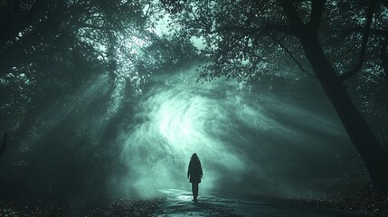 A swirling mist forming into the shape of a ghostly figure in the middle of a dark, forest clearing.