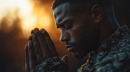 A young African American man in military uniform prays with his hands clasped.