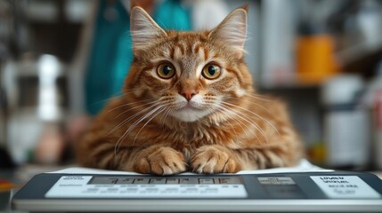 A fluffy orange cat resting on a scale in a veterinary setting.