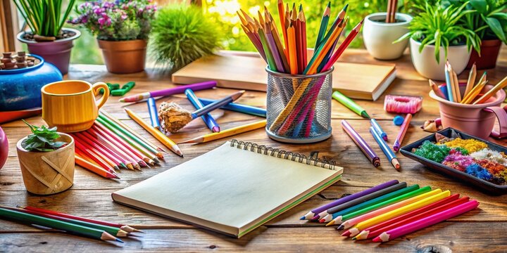 Vibrant colored pencils and sketchbook pages scatter across a wooden desk, surrounded by creative chaos, amidst a busy