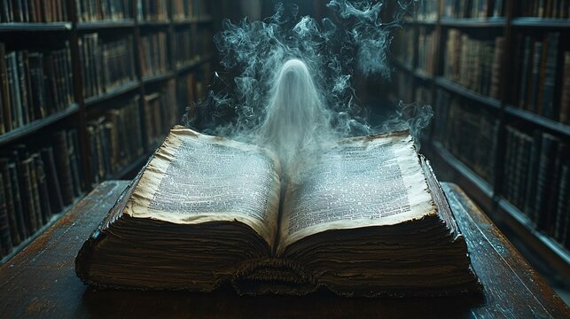 A shadowy ghost emerging from an old, dusty book in a dimly lit library.
