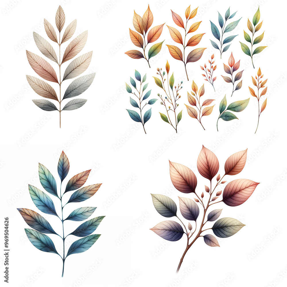 Wall mural Cute cartoon set of leaves on white background.AI