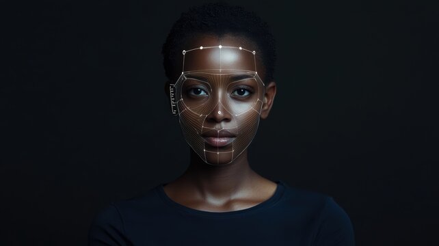 Black woman face in a dark background Digital facial recognition grid overlaying her face, biometric scanning technology